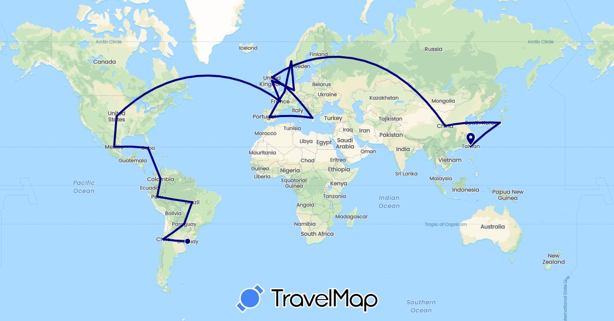 TravelMap itinerary: driving in Belgium, Chile, China, Germany, Spain, France, United Kingdom, Greece, Japan, South Korea, Netherlands, Norway, Taiwan (Asia, Europe, South America)